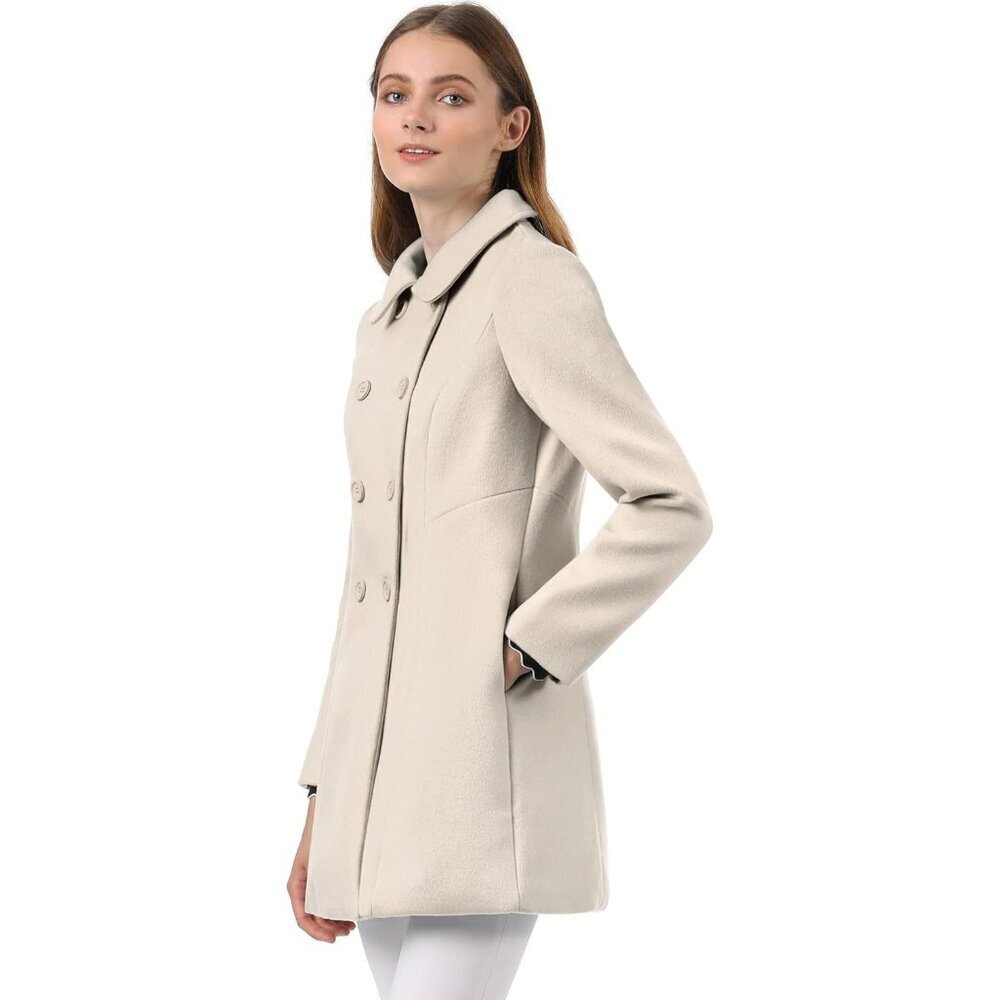 Women's Beige Peter Pan Collar Double Breasted Winter Long Trench Pea Coat - Picture 4 of 8